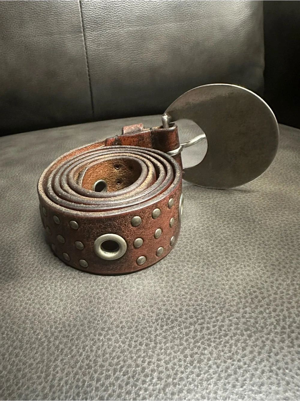 Armani Jeans Distressed Leather Belt with Large Silver Branded Buckle
